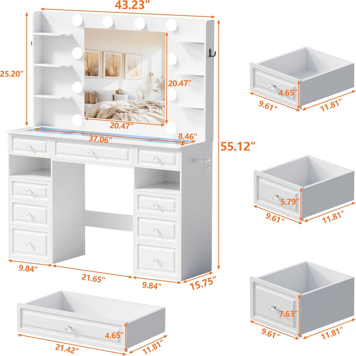 Vanity Desk with Lighted Mirror, Large Storage Makeup Table with 9 Drawers, Makeup Dressing Table with Crystal Ball Knobs Vanity Set for Women,White
