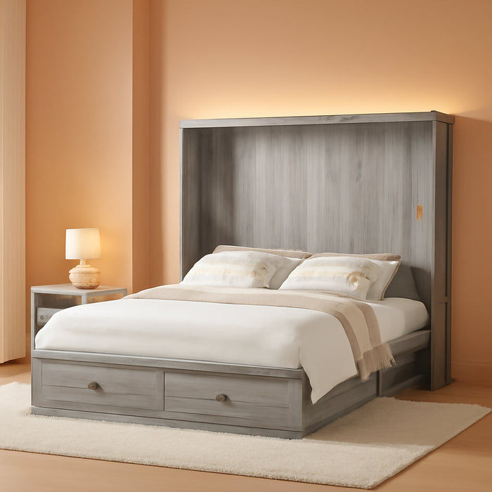 Queen Size Murphy Bed with Tri-Folding Mattress，Murphy Bed with Charging Station and 2 Large Storage Drawers for Small Spaces/Bedroom（Grey）