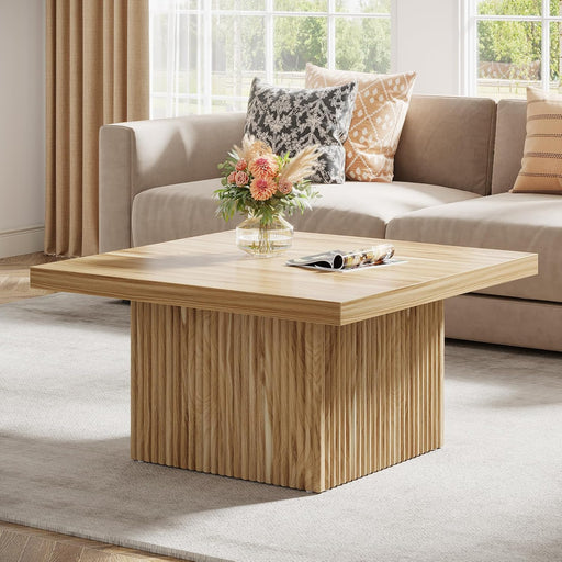 Square Coffee Table, 31.5-Inch Fluted Coffee Table, Mid-Century Modern Living Room Table, Large Cocktail Table for Living Room, Easy Assembly, Oak