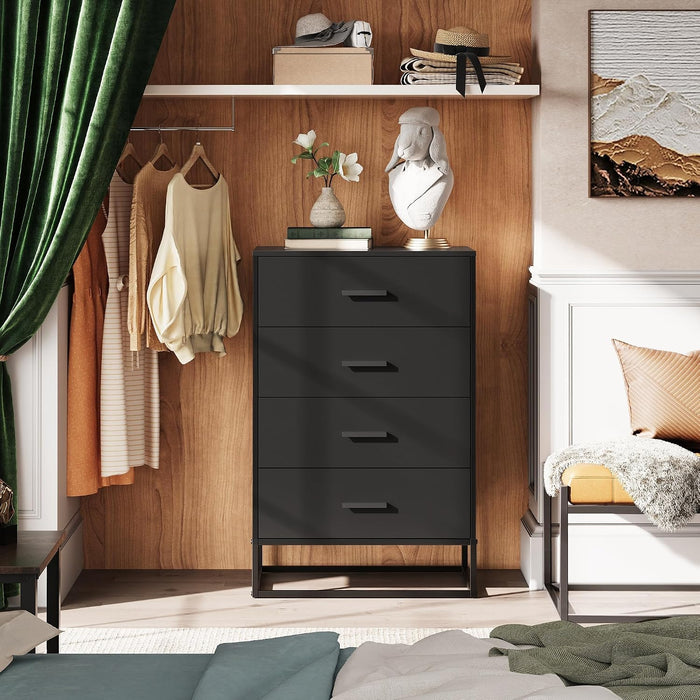 Black Dresser for Bedroom with 4 Drawers, Tall Dresser with Sturdy Metal Frame, Wood Chest of Drawers for Closet, Living Room, Hallway