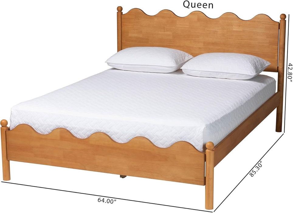 Malaya Modern Oak Brown Wood Queen Platform Bed with Scalloped Edges