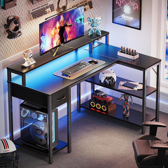 47 Inch Reversible L Shaped Desk with LED Lights & Power Outlets, Computer Desk with Shelves & Monitor Stand, Gaming Desk with Drawer, Home Office Desk Corner Desk, Black
