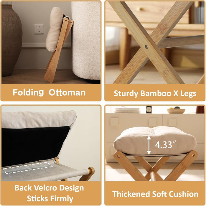Ottoman Foot Rest- Bamboo Foldable Stool, Foot Stools Small Ottman with Upholstered & X Legs, Folding Stool for Makeup, Bedroom and Living Room (Large Beige)