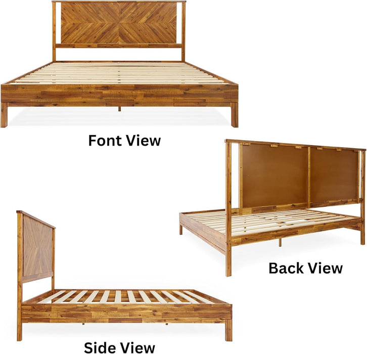 Vivian 14 Inch Deluxe Bed Frame with Headboard, Rustic & Scandinavian Style with Solid Acacia Wood, No Box Spring Needed, 12 Strong Wood Slat Support, Easy Assembly, King, Rustic Golden Brown