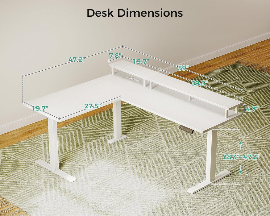 Electric L-Shaped Standing Desk, 59 Inch Height Adjustable Office Desk with Monitor Stand, Sit-Stand Desk with Power Outlets, Large Lift Table for Home, Office, Workstation, White
