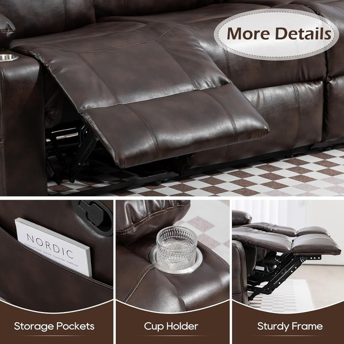 Reclining Sofa - 3 Seater Manual Recliner with Massage and Heat, Cup Holders, Loveseat Recliner Couch for Living Room(Brown)