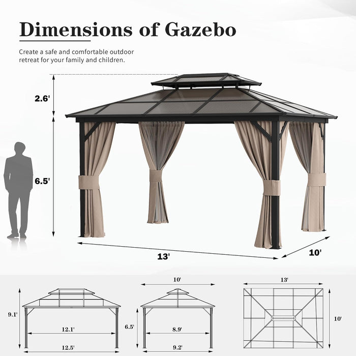 10'X13' Hardtop Gazebo, Outdoor Polycarbonate Double Roof Canopy, Aluminum Frame Permanent Pavilion with Curtains and Netting, Sunshade for Garden, Lawns, Patio