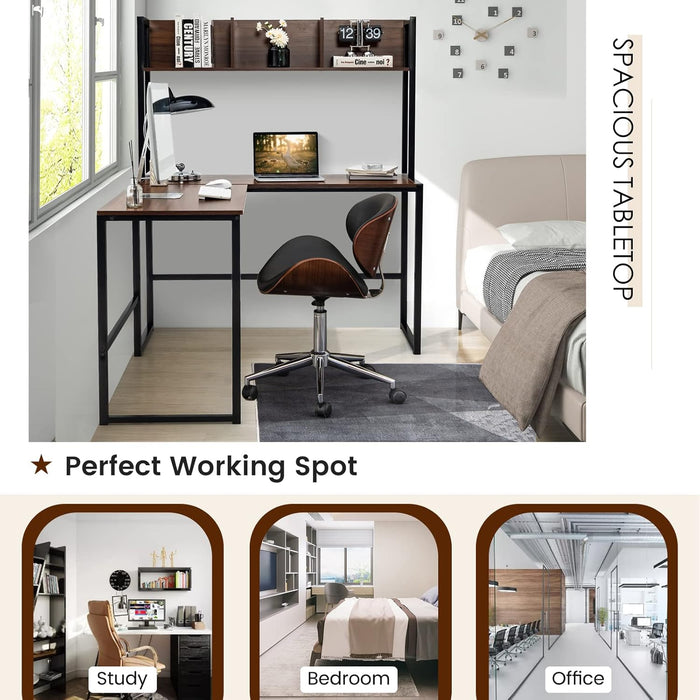 Reversible L-Shaped Desk with Hutch, Space Saving Corner Computer Desk with Storage Shelves, Home Office Study Writing Desk Computer Workstation with Storage Bookshelf, Gaming Desk