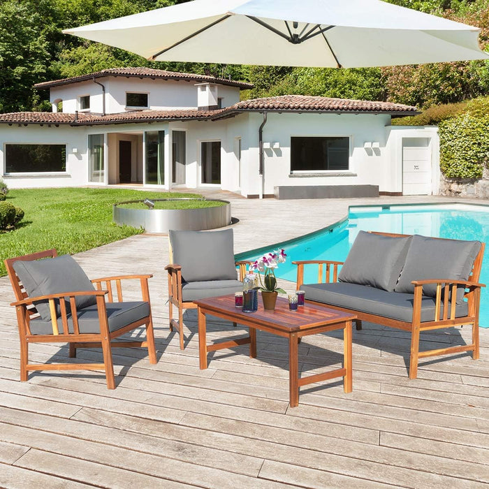 4 Pieces Acacia Wood Patio Furniture Set, Outdoor Seating Chat Set with Gray Cushions & Back Pillow, Conversation Set with Coffee Table, Ideal for Garden, Backyard, Poolside