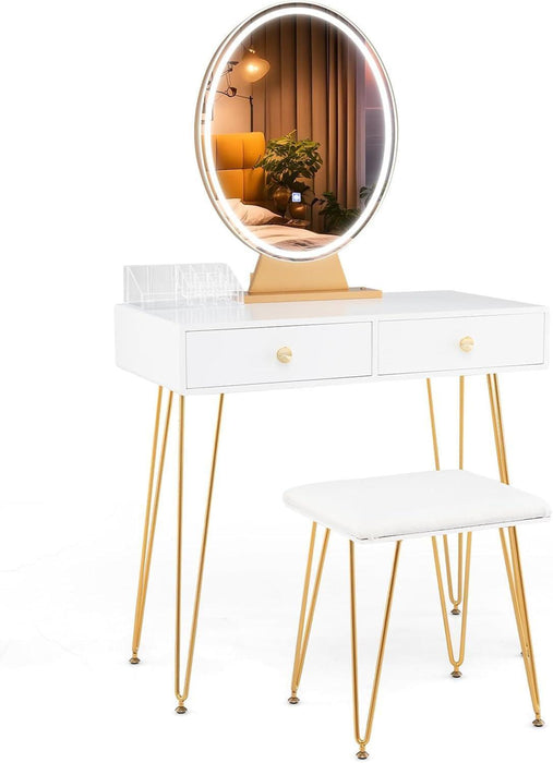 Makeup Vanity Table with Lighted Mirror, Vanity Desk with 2 Large Drawers, Adjustable 3 Lighting Modes, Modern Girls Bedroom Vanity Table with Chair for Small Spaces, White & Gold