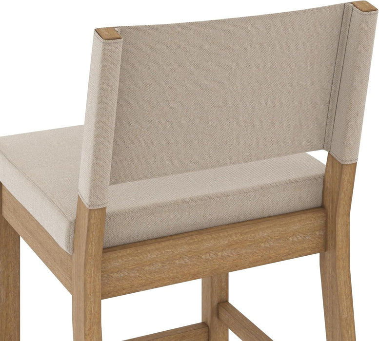 Linus Modern Upholstered Bar Stool with Back and Solid Rubberwood Legs in a Wire-Brushed Light Brown Finish, Natural Flax/Light Brown