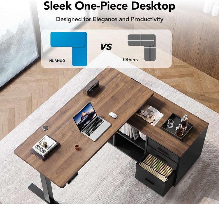 L Shaped Standing Desk, Electric Executive Desk with Drawers, Adjustable Height Stand up Desk, 55″ X 23.6″ One-Whole Piece Desktop, Home Office Computer Desk with 4 Memory Presets, Walnut