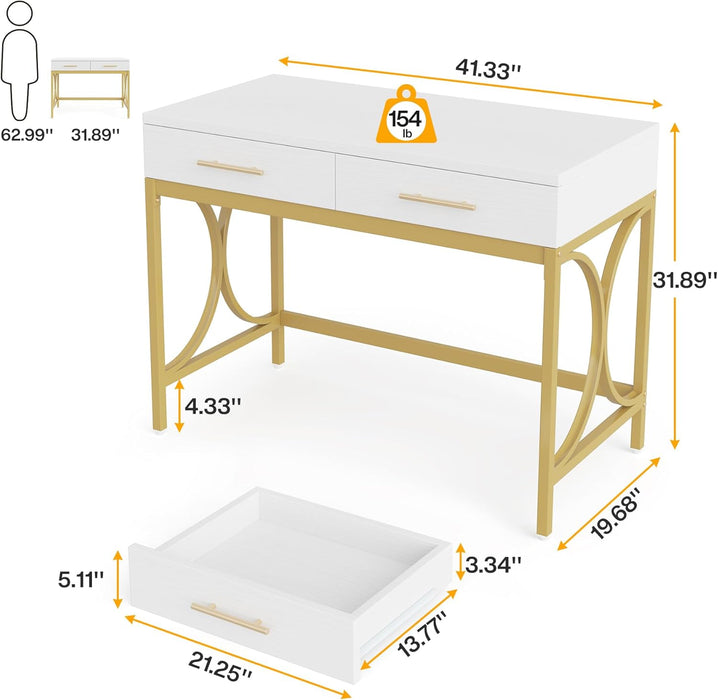 Modern Computer Desk with 2 Drawers Set of 2, 41 Inches Study Writing Office Desk for Home Office, Bedroom, Makeup Vanity Table Desk with Gold Metal Frame, White & Gold