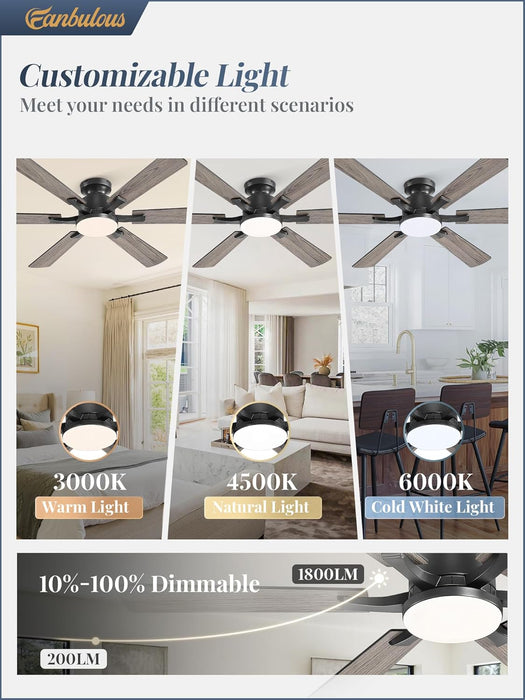 52 Inch Ceiling Fan with Lights, APP & Remote Control, Flush Mount Low Profile Black Ceiling Fan, 3000-6000K Dimmable LED, Quiet Reversible Motor, 6 Blades, 6 Speeds, for Bedroom Living Room