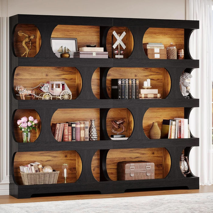 71" Tall Black Bookcase, Modern Asymmetrical Bookshelf, 4-Tier Freestanding Display Shelf with Classic Shape, Large Library Book Shelf for Living Room, Home Office