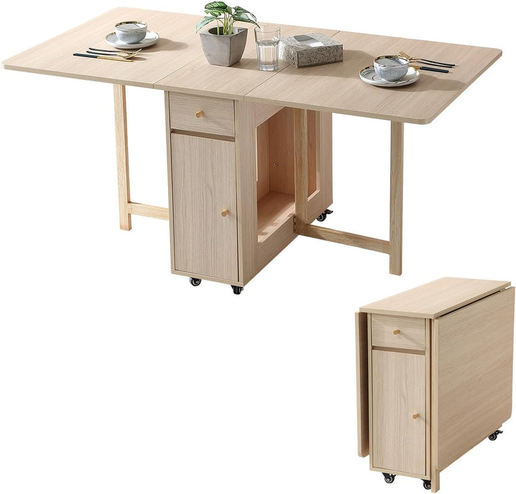 Drop Leaf Folding Dining Table with Storage, Wheels, Space Saving | Foldable Design, 18Mm Thick Plywood, 300 Lbs Capacity, Locking Wheels, Farmhouse Style, for Living Room Kitchen Small Spaces