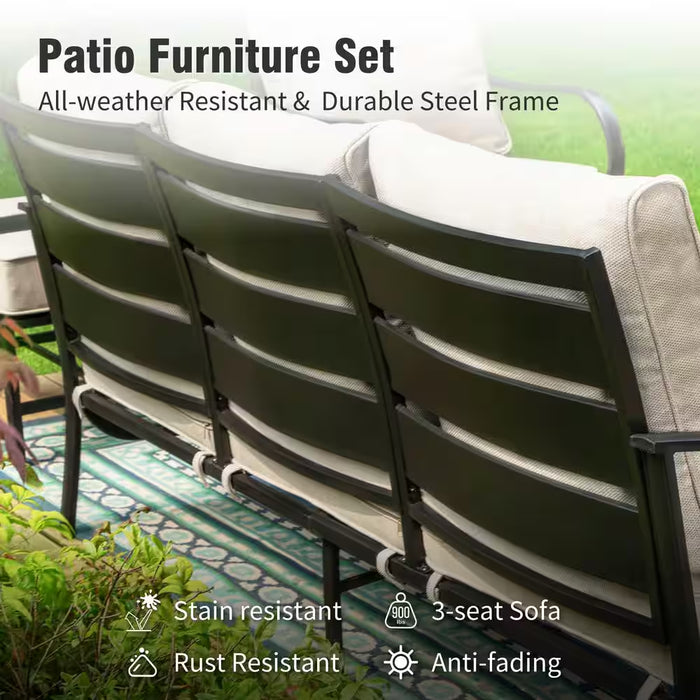 Metal Slatted 7-Seat 6-Piece Outdoor Patio Conversation Set with Beige Cushions, Table with Marble Pattern Top