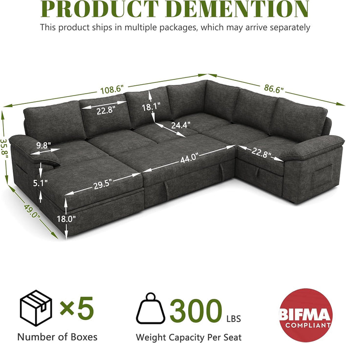 108 Inch Modular Sectional Sleeper Sofa CharcoalGrey