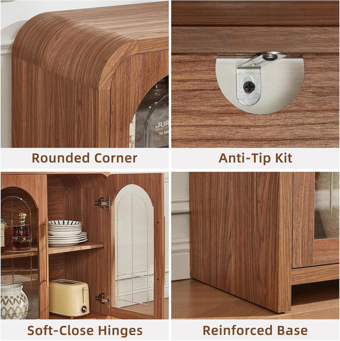 65" Sideboard Buffet Cabinet with Arched Glass Doors, Brown | Modern Wood Sideboard, Spacious Storage Credenza, Adjustable Shelves, Living Room Accent Cabinet, Dining Room & Entryway Use