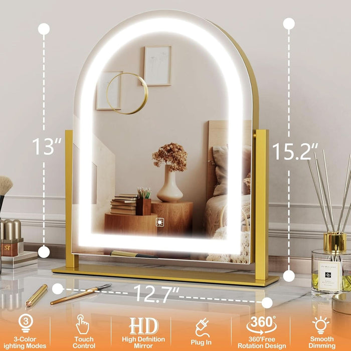 Lighted Makeup Mirror, Hollywood Vanity Mirror with Lights, Three Color Lighting Modes, LED Mirror, Smart Touch Control, 360°Rotation (15.2In. Curved)