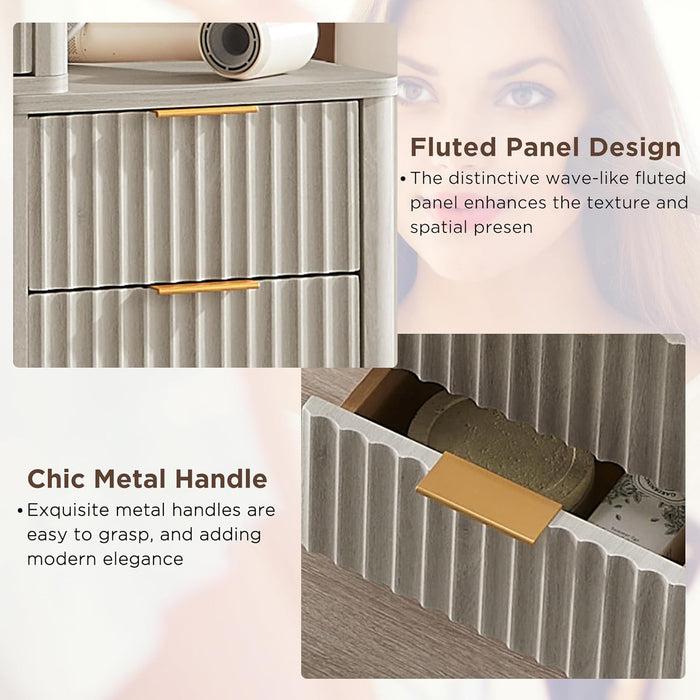 48" Fluted Makeup Vanity Desk with Large 36" Mirror and Lights, Modern Glass Top Big Vanity Table W/5 Drawers & Adjustable Shelves, Dressing Table W/Charging Station for Bedroom, White Alder