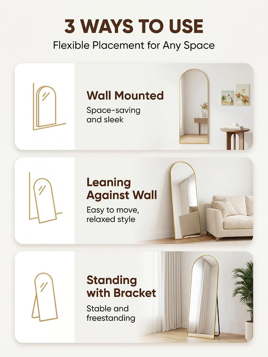 Full Length Mirror, 64" X 21" Arched Full Body Mirror Large Standing Floor Mirrors, Mirrors for Bedroom, Bathroom, Living Room Standing or Wall Leaning, Gold