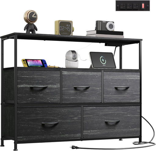 Dresser for Bedroom with 5 Drawers，Fabric Dresser with Charging Station,Chest of Drawer with Open Shelves, Storage Dresser for Living Room, Closet, Entryway, Charcoal Black Wood Grain Printt