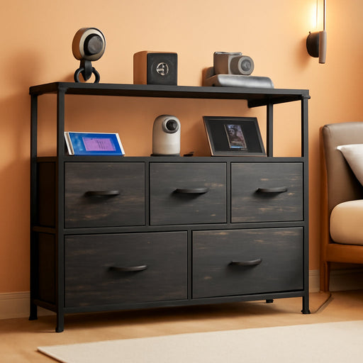 Dresser for Bedroom with 5 Drawers，Fabric Dresser with Charging Station,Chest of Drawer with Open Shelves, Storage Dresser for Living Room, Closet, Entryway, Charcoal Black Wood Grain Printt
