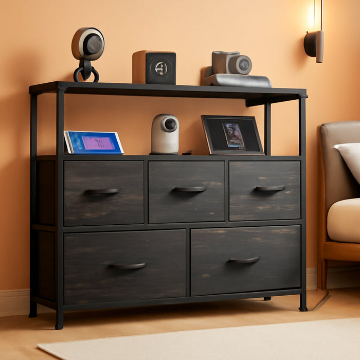 Dresser for Bedroom with 5 Drawers，Fabric Dresser with Charging Station,Chest of Drawer with Open Shelves, Storage Dresser for Living Room, Closet, Entryway, Charcoal Black Wood Grain Printt