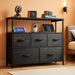 Dresser for Bedroom with 5 Drawers，Fabric Dresser with Charging Station,Chest of Drawer with Open Shelves, Storage Dresser for Living Room, Closet, Entryway, Charcoal Black Wood Grain Printt