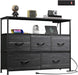 Dresser for Bedroom with 5 Drawers，Fabric Dresser with Charging Station,Chest of Drawer with Open Shelves, Storage Dresser for Living Room, Closet, Entryway, Charcoal Black Wood Grain Printt