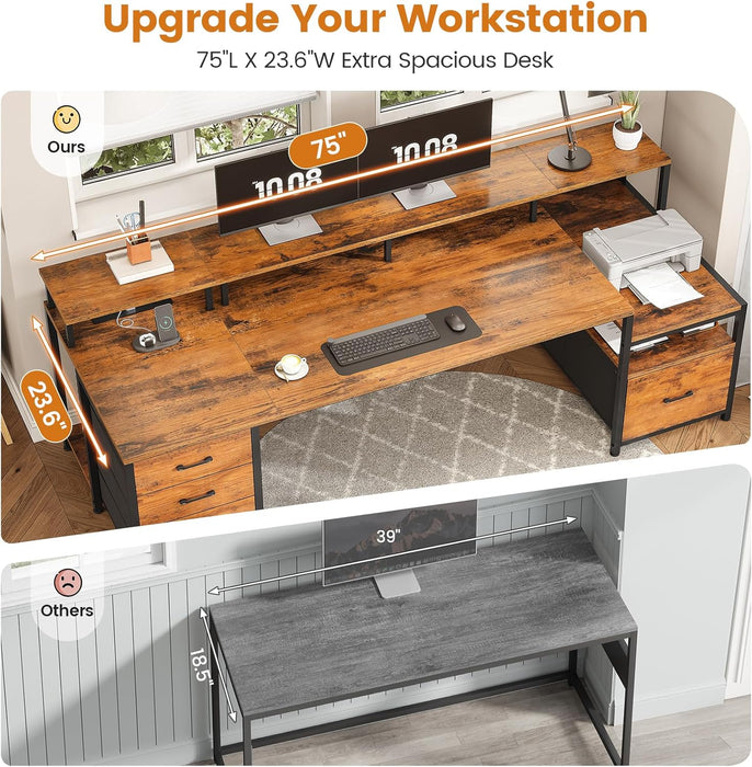 Home Office Desk with File Drawer & Power Outlet, 75'' Large Computer Desk with 5 Drawer, Storage Shelves, Monitor Shelf and Led Lights, 23.6" W Desktop Gaming Desk, Rustic Brown