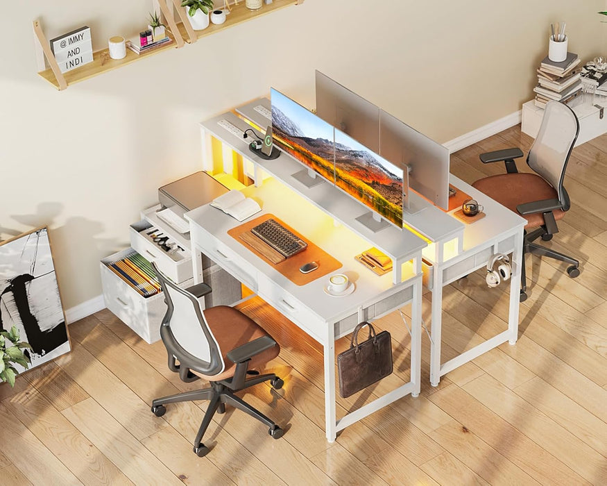 White Reversible Desk with LED Lights & Drawers