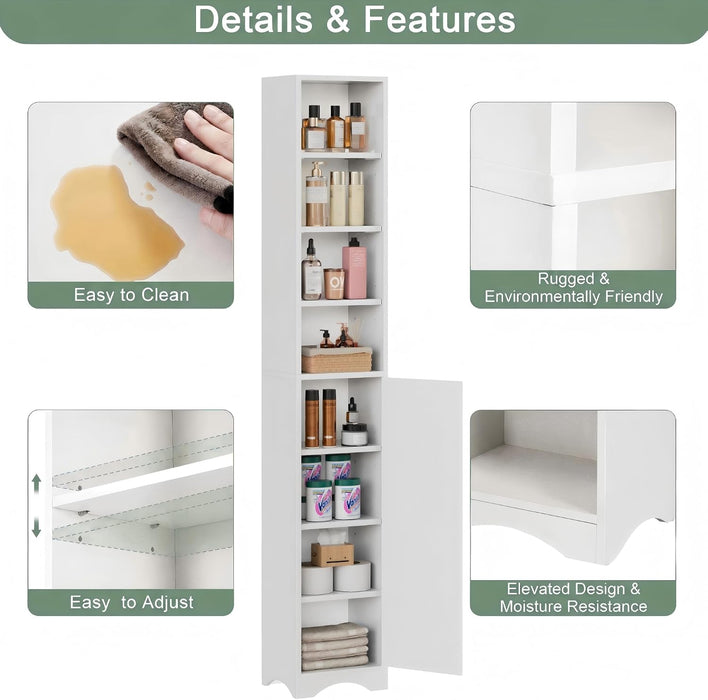 71" Tall Narrow Bookshelf with Door, 8-Tier Adjustable Shelves Bookcase, Freestanding Storage Cabinet with Raised Base for Living Room Bathroom Office, White