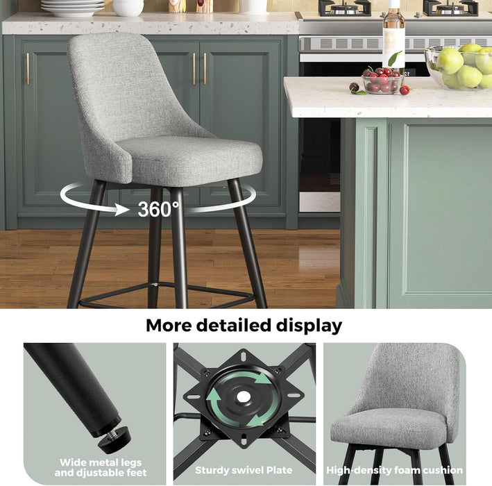 Swivel Bar Stools with Backs, 26" Counter Height Barstools Set of 2, Upholstered Linen Fabric High Chairs for Island Kitchen