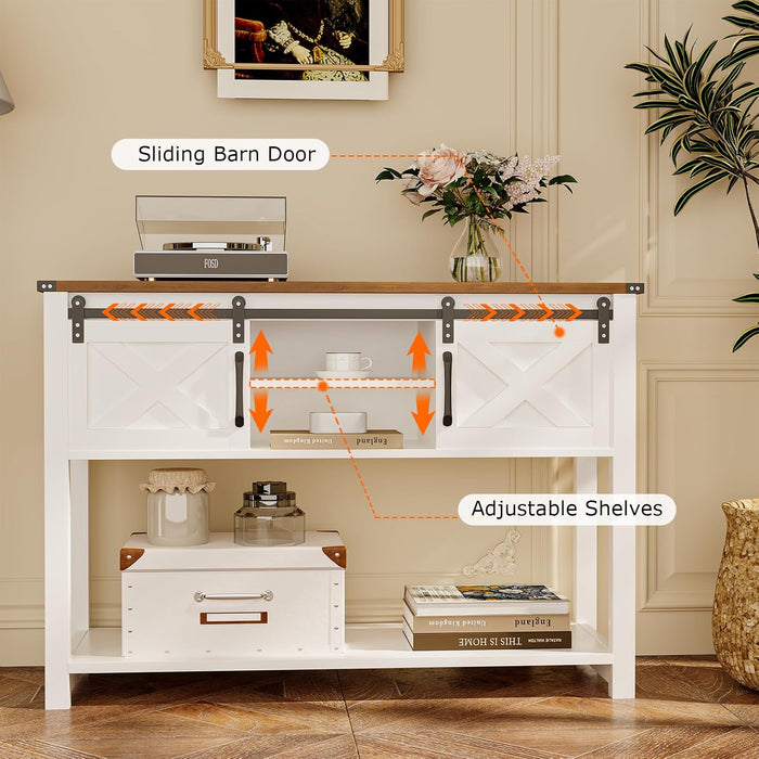 Farmhouse Entryway Table with LED Light, Sofa Table with Sliding Barn Door, Adjustable Open Shelves, 46" Rustic Console Table with Storage, Antique White Hallway for Living Room Bedroom