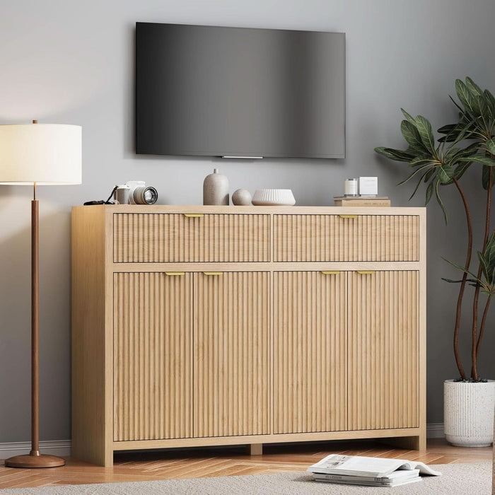 55" Fluted Sideboard Buffet Cabinet with Storage, Modern Credenza Oak