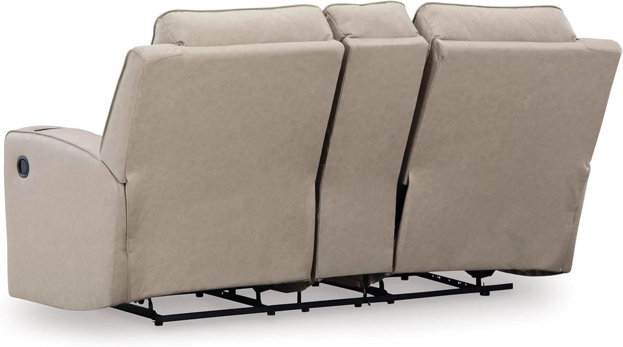Signature Design by Ashley Lavenhorne Contemporary Faux Leather Manual Reclining Loveseat with Console and Cup Holders, Beige