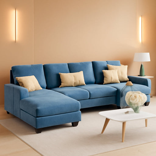 Sectional Couches for Living Room, U-Shaped Sofa Couch with Linen Fabric, 4 Seat Sofa Set with Double Chaise for Apartment (Fabric, Light Blue)