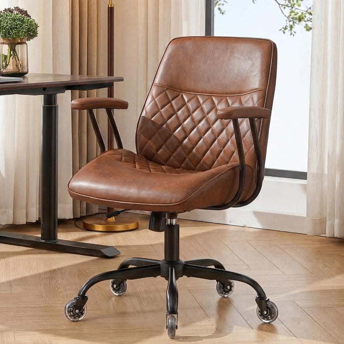 Leather Office Desk Chair with Rubber Casters for Home (Brown)