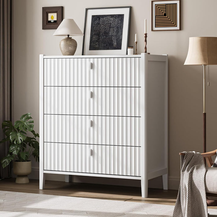 White 4 Drawer Dresser, Modern Chest of Drawers for Bedroom, Wood Fluted Dresser Organizer with Deep Drawers for Clothes, Nightstand for Bedroom, Hallway, Living Room, Entryway