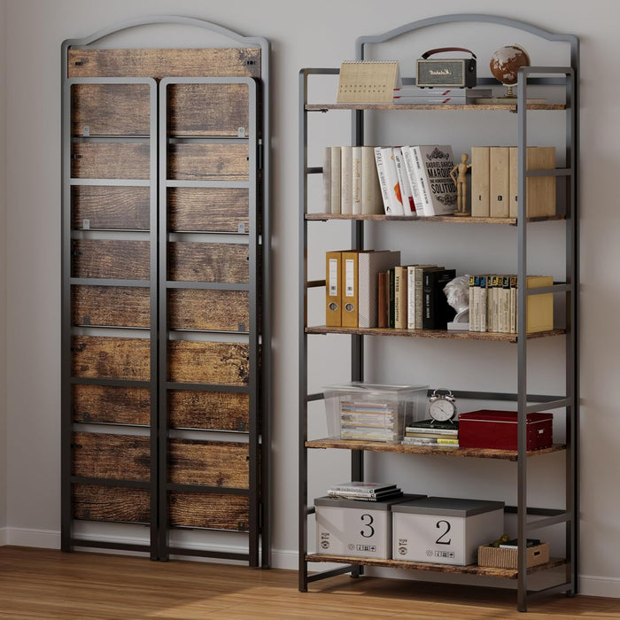 5 Tier No Assembly Folding Bookshelf, Arched Bookshelf, Foldable Bookcase for Living Room, Bedroom, Office,Skinny Bookshelf (Fire Brown)