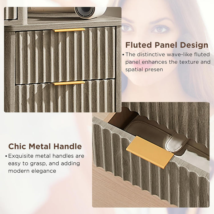 48" Fluted Makeup Vanity Desk with Large 36" Mirror and Lights, Modern Glass Top Big Vanity Table W/5 Drawers & Adjustable Shelves, Dressing Table W/Charging Station for Bedroom, Grey Alder