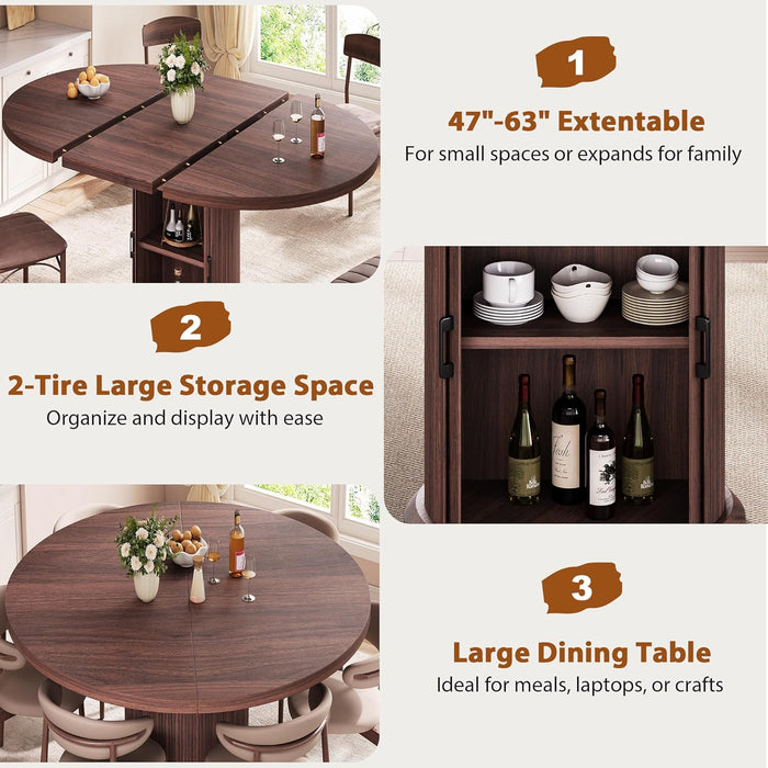 Dining Table for 4-6,63“Extendable round Kitchen Dining Room Table with 2-Tier Storage Shelf, Space Saving Expandable Wood Oval Circle Dinner Furniture with Pedestal Base (Brown)