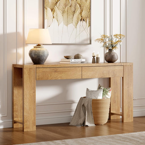 60 Inch Long Entryway Console Table with Drawers, Farmhouse Sofa Table behind Couch, Entrance Accent Table for Hallway, Living Room, Foyer, Bedroom, Wooden Thick Tabletop (Natural)