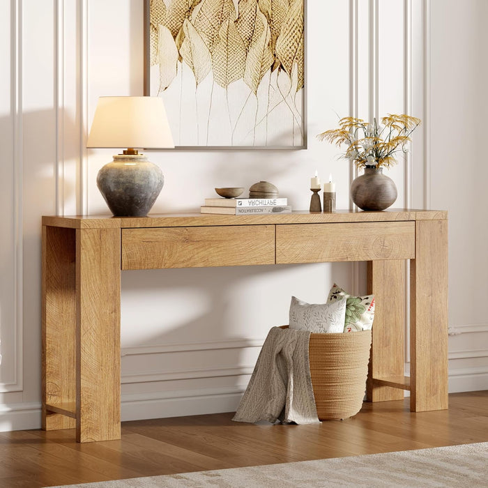 60 Inch Long Entryway Console Table with Drawers, Farmhouse Sofa Table behind Couch, Entrance Accent Table for Hallway, Living Room, Foyer, Bedroom, Wooden Thick Tabletop (Natural)
