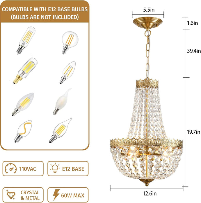 Mini French Empire Crystal Chandelier 4 Lights Pendant Lighting Fixture for Dining Living Room Foyer Kitchen Bedroom Entryway,Antique Brass,E12,19.7" Hx12.6 W