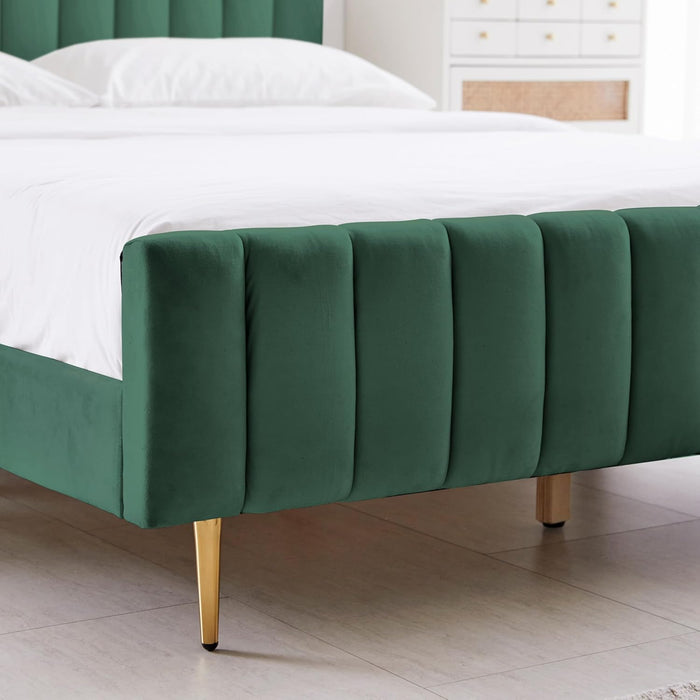 Queen Size Elton Velvet Platform Bed, Upholstered Bed Frame with Vertical Channel Tufted Headboard Footboard, Strong Wood Slats, No Box Spring Needed, Green (Queen)