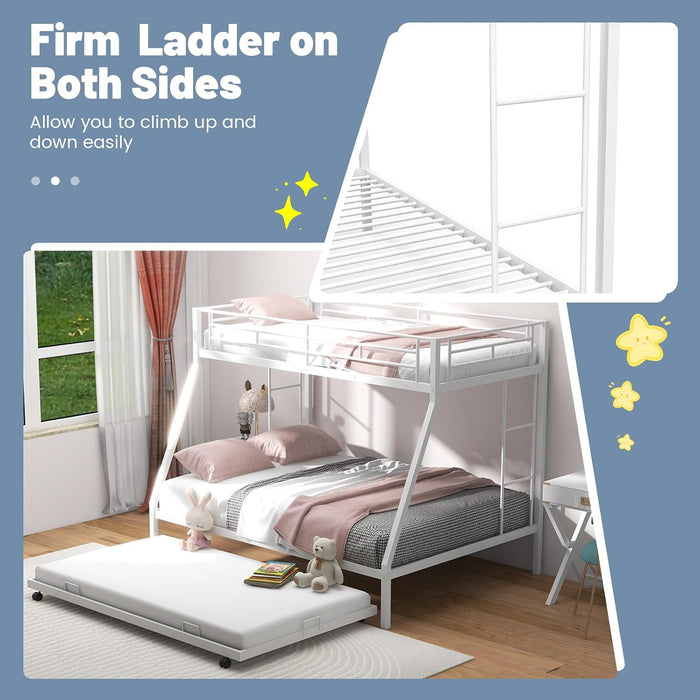 Twin over Full Bunk Bed with Trundle, Heavy-Duty Metal Bunk Bed Frame with Guardrail & 2 Ladders, Space-Saving Bunk Bed for Kids/Teens/Adults, No Box Spring Needed