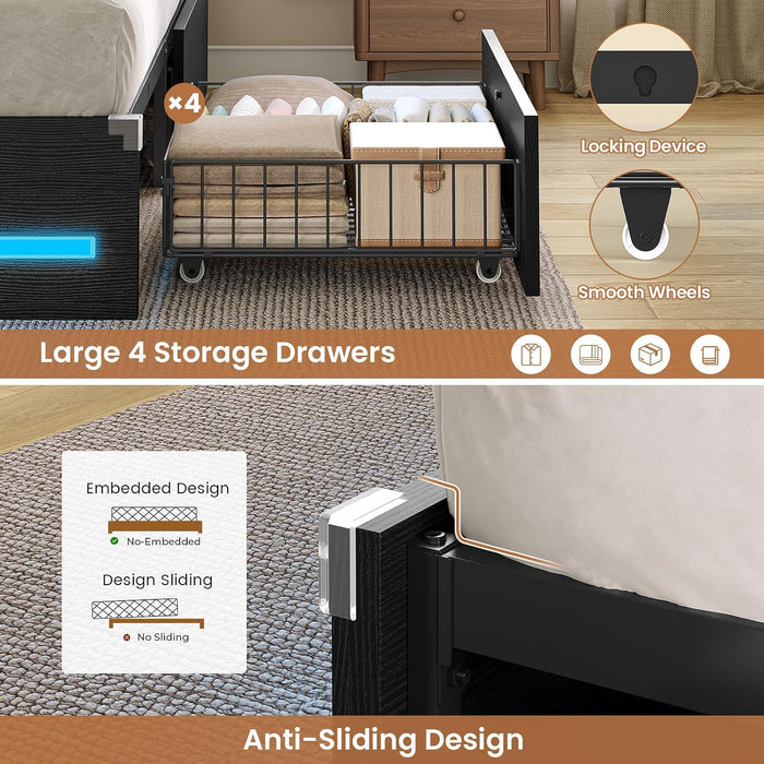 Full Size Bed Frame with 4 Storage Drawers and Headboard, Black